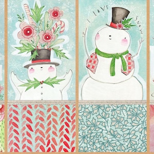 2019 SNOW FUN Snowmen Christmas Fabric Panel 12&quot; L x 42&quot; W Cori Dantini 8 Small Quilt Blocks Snow Sweet Snow Kisses I Love Snow Red Green