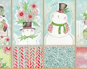 2019 SNOW FUN Snowmen Christmas Fabric Panel 12&quot; L x 42&quot; W Cori Dantini 8 Small Quilt Blocks Snow Sweet Snow Kisses I Love Snow Red Green