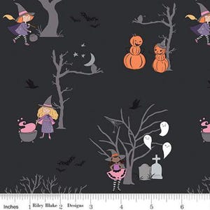 7.50 ヤード SPOOKY SCHOOLHOUSE メイン ハロウィン コットン キルト 生地 かわいい魔女 ジャック・オー・ランタン 幽霊 ブラック オレンジ パープル メリッサ・モーテンソン