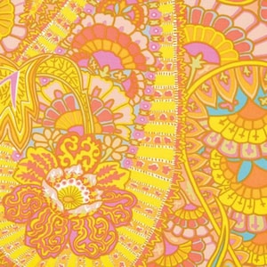 May include: A close-up of a colourful floral pattern. The design features large, stylised flowers and intricate details in shades of yellow, orange, pink, and a touch of blue. The overall aesthetic is reminiscent of vintage textile designs.