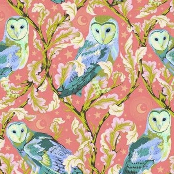 MOON GARDEN Night Owl Dawn Tula Pink Cotton Quilt Fabric Peach Orange Aqua Blue Chartreuse Owls Moon