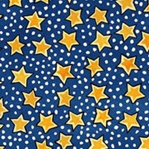 May include: A blue background with a repeating pattern of yellow stars and white dots.
