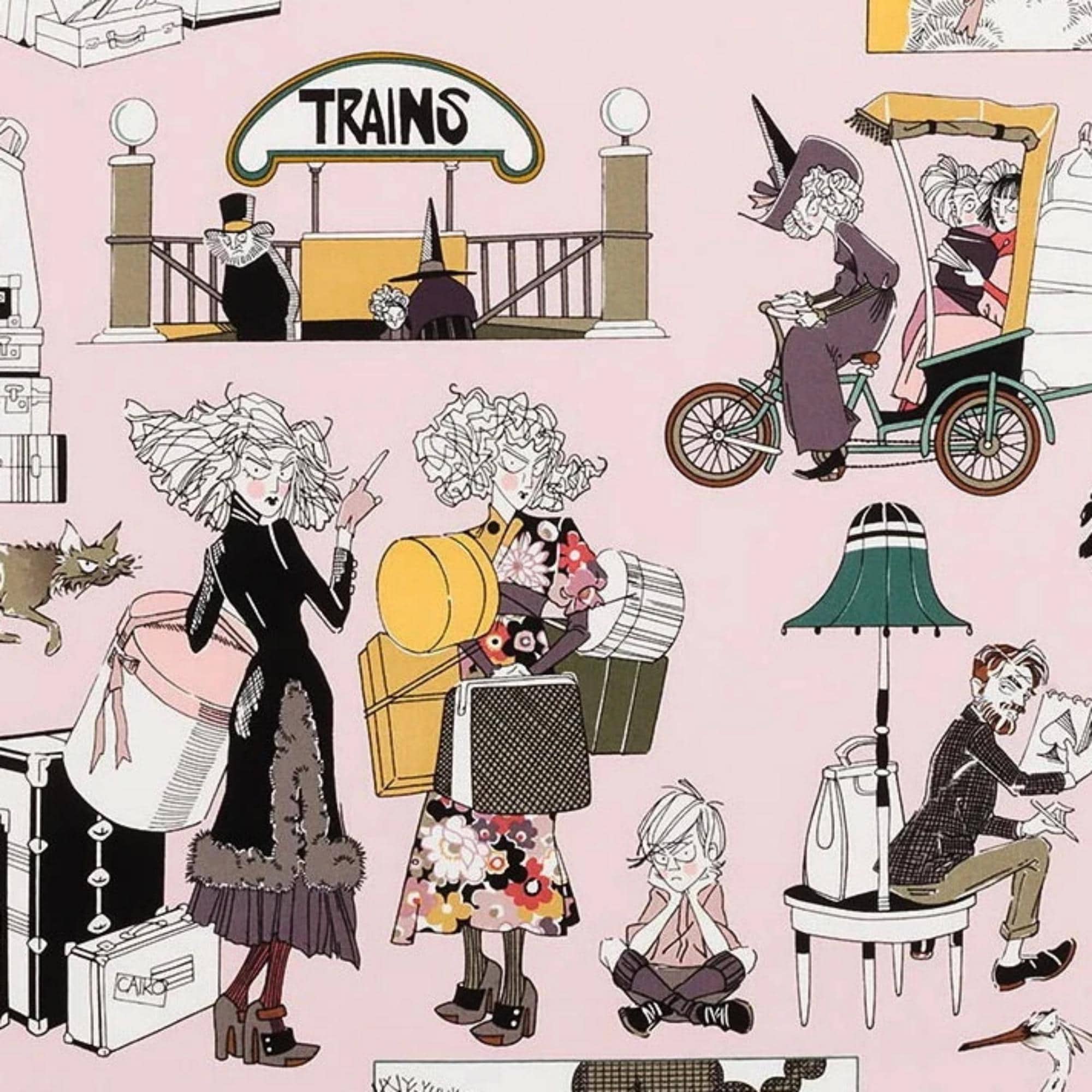 GHASTLIE GETAWAY Pre-Cut Yard Alexander Henry Ghastlies Cotton Quilting Fabric Travel Train Plane Balloon Unicycle Blush Pink oop