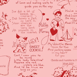 8.00 Yard ALL MY HEART Be Mine Greetings J. Wecker Frisch Vintage 1920's Valentines Valentine Cards Roze Rode Tekst Quilten Stof Gepensioneerd