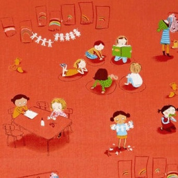 Retired KINDER Heather Ross Fabric Quilt Cotton Kindergarten Children Tomato Orange Red School Boys Girls Reading Circle Paper Dolls oop