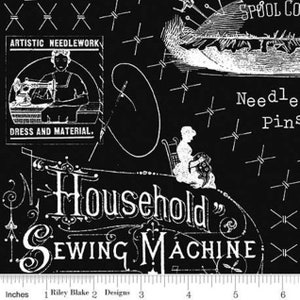 Retired VINTAGE TEXT Best of She Who Sews J. Wecker Frisch Vintage Sewing Theme Motifs Blender Fabric Black White Out of Print oop