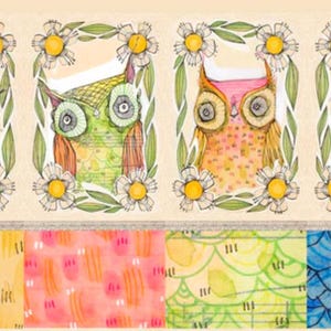 May include: Four watercolor owls in frames with floral accents. Each owl has a different color scheme and is surrounded by white flowers and green leaves. The background is a light beige.