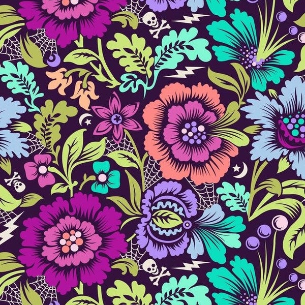 Deja Vu NIGHTSHADE SPIDER BLOSSOM Floral Tula Pink Cotton Quilt Fabric Equinox Purple Fuchsia Turquoise Periwinkle Webs