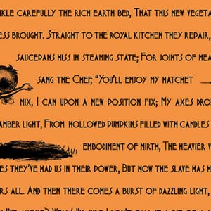 May include: Orange background with black text and illustrations. The image features a whimsical chef character and a skeleton-like figure holding a pumpkin. Text includes phrases like "Enjoy my hatchet" and "Chip-Chop."