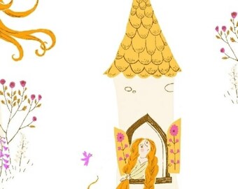 Rapunzel in Tower Cotton Quilting Fabric - Heather Ross Far Far Away 2 White