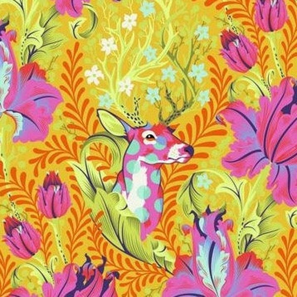 TINY BEASTS Tula Pink Deer John Glow Polka Dot Stag Head Flowers Floral Yellow Orange Hot Pink Aqua Blue   Cotton Quilt Fabric