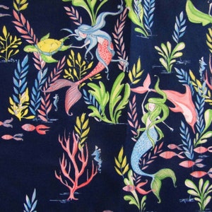Retired 2017 MERMAID DAYS Cori Dantini Cotton Quilt Fabric At the Bottom of the Sea Navy Blue Mermaids Fish Dolphin Tortoise Coral oop