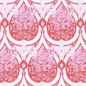 May include: A pink and red repeating pattern wallpaper design featuring a stylized ship sailing on a wavy sea. The ship is surrounded by a heart-shaped frame.