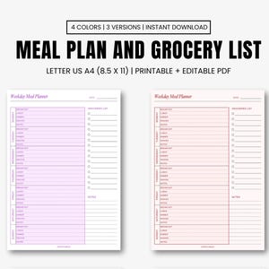 Maaltijdplanner afdrukbare sjabloon voor wekelijkse maaltijd- en boodschappenlijst (direct downloaden)