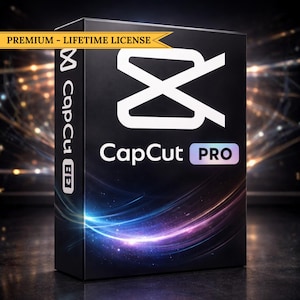May include: A black box featuring the CapCut logo in white, with a stylized X design. The text "CapCut PRO" is displayed in white and purple. The box also has the text "PREMIUM - LIFETIME LICENSE" in gold.