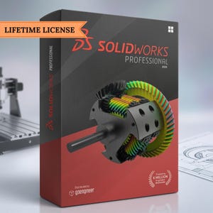 Op de afbeelding: Een productdoos voor SOLIDWORKS PROFESSIONAL 2026 software. De doos is voornamelijk zwart en rood, met het SOLIDWORKS-logo en de tekst "LIFETIME LICENSE". Een kleurrijke tandwielconstructie is afgebeeld op de voorkant, met de tekst "Trusted by 6 MILLION Engineers Worldwide."