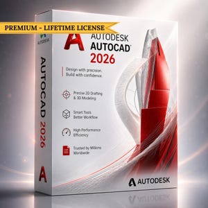 May include: A white box featuring the Autodesk AutoCAD 2026 software. The box has the Autodesk logo and the text "Design with precision. Build with confidence." Additional text includes "Precise 2D Drafting & 3D Modeling" and "Trusted by Millions Worldwide."