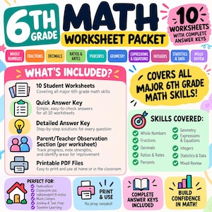 May include: A 6th Grade Math Worksheet Packet featuring 10 worksheets with answer keys. The colorful graphic lists topics like whole numbers, fractions, decimals, ratios, rates, percents, geometry, expressions, equations, integers, and statistics.