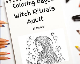 Witch Ritual Line Art Coloring Book | 30 Printable Fantasy Witch Coloring Pages for Adults | Digital PDF Download