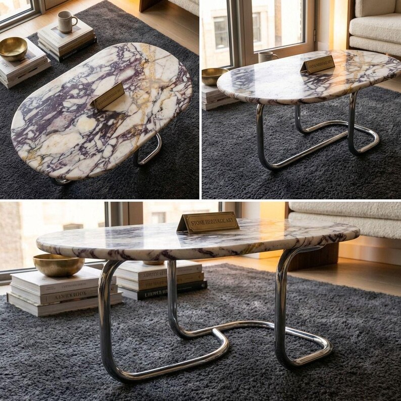 May include: Oval marble coffee table with a polished chrome base. The tabletop features a striking pattern of white and purple veining. The table has a modern design and is set on a gray rug. A small brass sign on the table reads "STONE HERITAGE, ARTS."