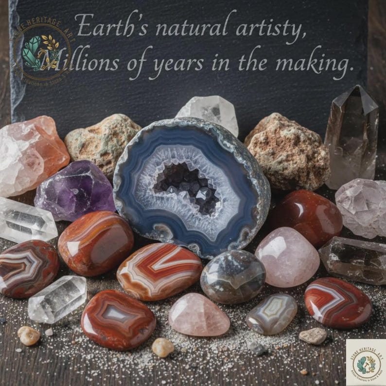 Puede incluir: Una colecci&oacute;n de piedras preciosas y cristales pulidos de varios colores, incluyendo rojo, morado y transparente. Una geoda grande, azul y blanca es el punto focal, con el texto "Earth's natural artistry, Millions of years in the making."