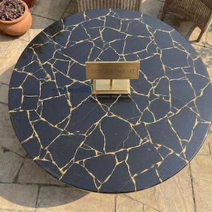 Obsidian Stone Table Top - Round Kintsugi Style Gold Inlay Tabletop