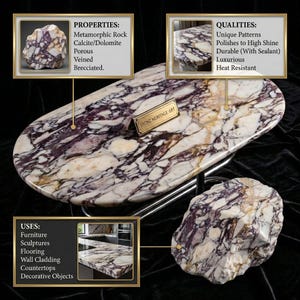 May include: An oval-shaped, polished stone slab with a striking pattern of white, purple, and gold veining. The stone is supported by a silver metal frame. The image also shows two stone samples and text that reads "STONE HERITAGE ART".