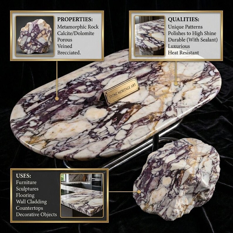May include: An oval-shaped, polished stone slab with a striking pattern of white, purple, and gold veining. The stone is supported by a silver metal frame. The image also shows two stone samples and text that reads "STONE HERITAGE ART".