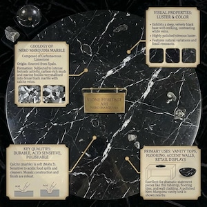 May include: A circular Nero Marquina marble slab featuring a deep black base with contrasting white veins and fossil remnants. The surface has a polished vitreous luster. A central brass plaque reads Stone Heritage Art Nero Marquina.