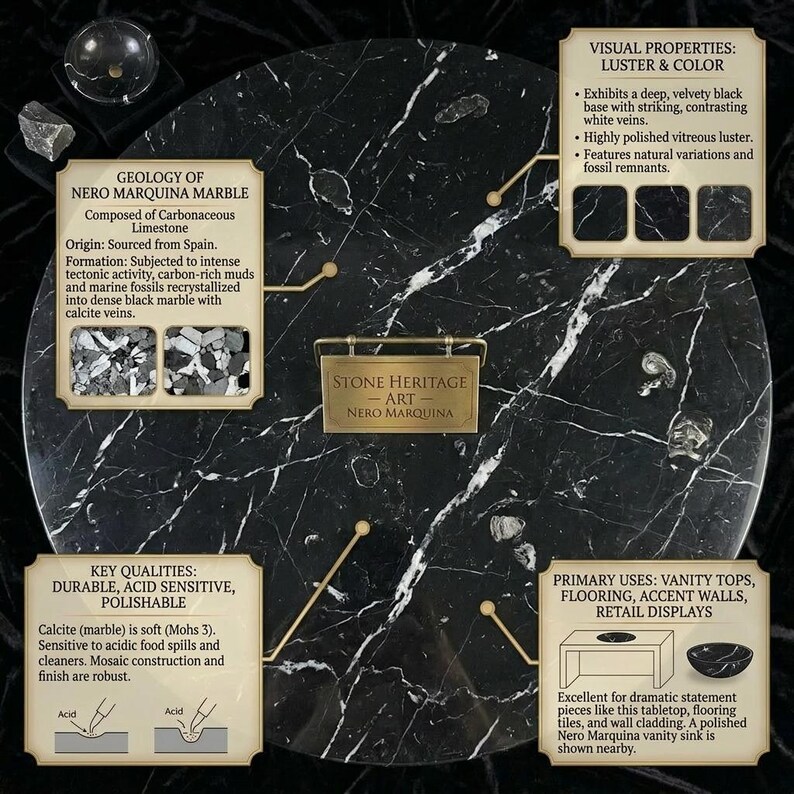 May include: A circular Nero Marquina marble slab featuring a deep black base with contrasting white veins and fossil remnants. The surface has a polished vitreous luster. A central brass plaque reads Stone Heritage Art Nero Marquina.