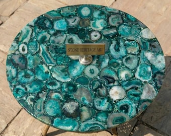 Teal Agate Round Table Top — Natural Green Crystal Stone Coffee Table