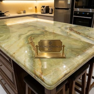Green Onyx Kitchen Countertop - Emerald Green Stone Island - Polished Natural Onyx Slab