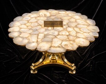 Tablero de mesa redondo de ágata blanca — Mesa de centro de piedra natural con borde dorado
