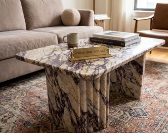 Calacatta Viola Marble Coffee Table with Fluted Column Base