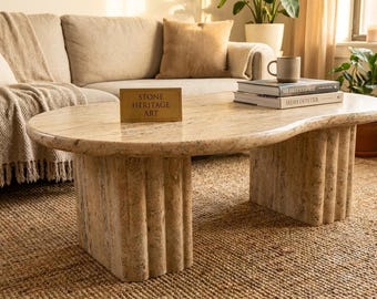 Travertine Coffee Table, Organic Shape, Fluted Base