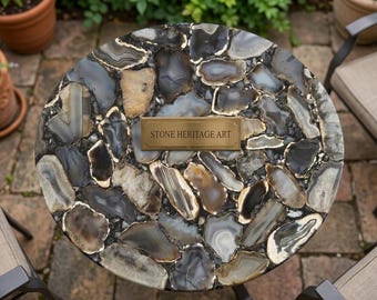 Tablero redondo de ágata gris para mesa de centro — Losa de piedra natural con borde dorado