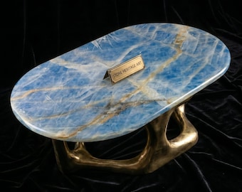 Tablero de mesa de centro de ónix azul - Tablero de mesa central de ónix natural veteado