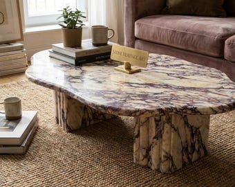 Calacatta Viola Marble Coffee Table, Organic Free-Form with Fluted Column Base