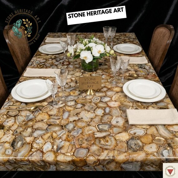 Agate Dining Table Top - Semi Precious Stone Slab - Luxury Gemstone Furniture - Bespoke Dining Decor