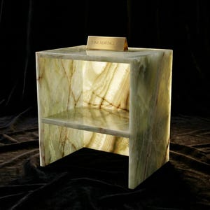 Green Onyx Side Table — Natural Stone Nightstand with Open Shelf