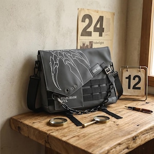 Techwear Tactical Messenger Bag, Custom Embroidered Strap, PU Crossbody Bag, Streetwear Gift