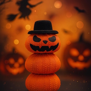May include: Three orange pumpkins stacked to resemble a snowman, with a carved jack-o'-lantern face and a black hat. The background features silhouettes of bats and a witch, with an orange bokeh effect, creating a Halloween theme.