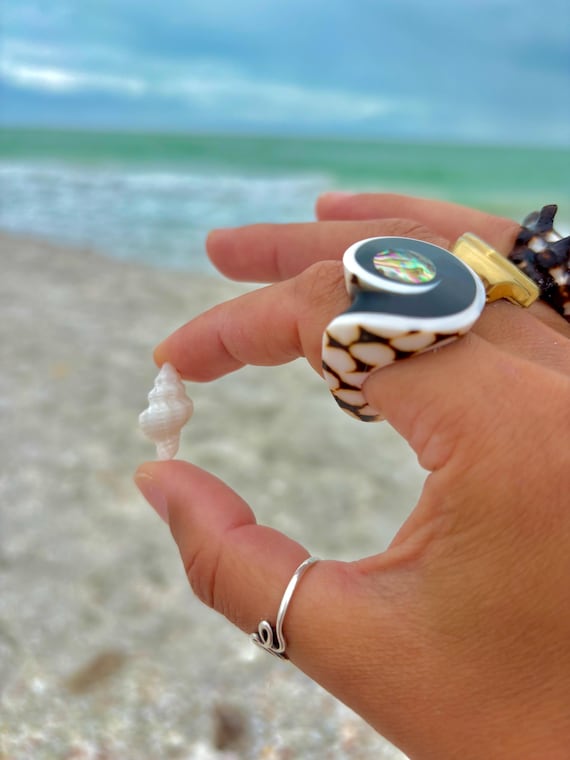 She Shells Art - Flea Cone Shell Cocktail Ring - Statement Piece - mother of pearl top