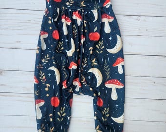 Handmade, mushroom bubble romper for infants  soft polyester fabric with a variety of mushrooms, pant romper, overalls, girls one piece