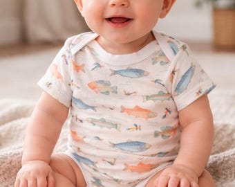 Fishing Baby Bodysuit | Trout & Fly Fishing Outfit | Cotton Lycra Baby Outfit | Outdoor Baby Clothes | Fishing Gift | Rustic Baby Apparel