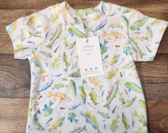 Handmade tee shirt for kids, fishing shirt, nature print, outdoors, children's shirt, kids tee shirt, comfortable kids clothes, short sleeve