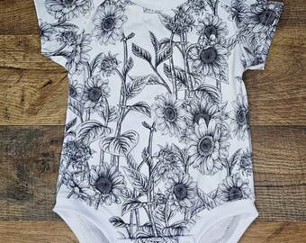 Black and White Sunflower Baby Bodysuit | Soft Cotton One-Piece | Adorable Baby Clothing | Floral Baby Outfit | Short Sleeve | Handmade
