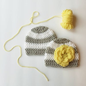 Crochet hat, infant hat, baby hat, toddler hat, stripe hat, flower hat, hat with flower, neutral baby hat, neutral hat