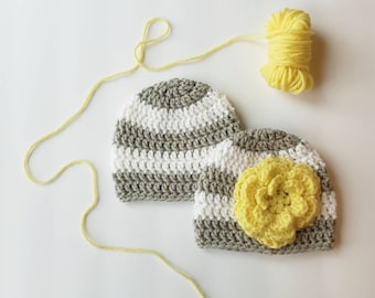 Crochet hat, infant hat, baby hat, toddler hat, stripe hat, flower hat, hat with flower, neutral baby hat, neutral hat