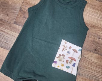 Handmade Baby Tank Romper – Forest Green with Mushroom Print Pocket | Gender Neutral Summer Outfit | Baby Shower Gift